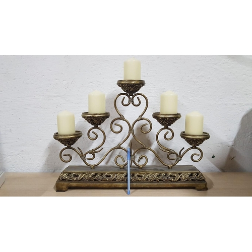 202 - Vintage Style Classic Golden 5-Arm Candelabra, (Approx. 50 x 36cm), Together with 5 x Cream Colour C... 