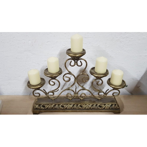 202 - Vintage Style Classic Golden 5-Arm Candelabra, (Approx. 50 x 36cm), Together with 5 x Cream Colour C... 