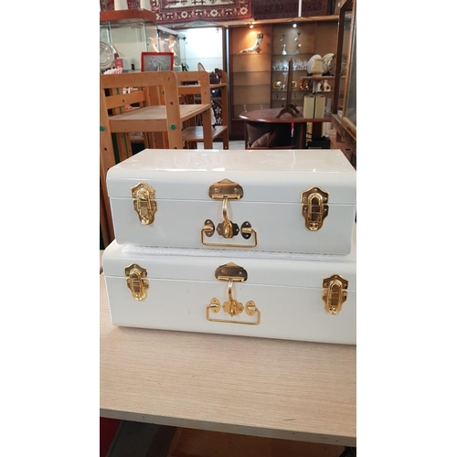 21 - ‘His & Hers’ Art Deco style metal suitcases with brassed fittings 58cm x 38 x 21 and 49cm x 29 x 18 ... 