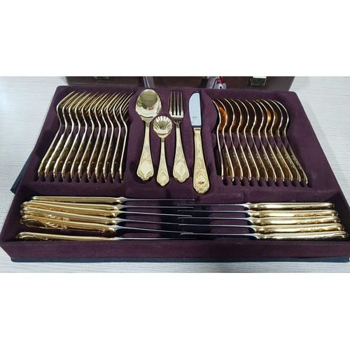 256 - Vintage SBS Bestecke Solingen 23/24ct Gold Plated Flatware, 70 Piece Set in Original Brown Leather E... 