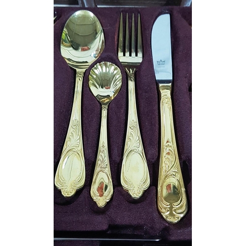 256 - Vintage SBS Bestecke Solingen 23/24ct Gold Plated Flatware, 70 Piece Set in Original Brown Leather E... 