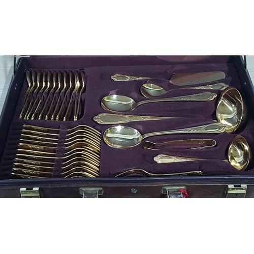 256 - Vintage SBS Bestecke Solingen 23/24ct Gold Plated Flatware, 70 Piece Set in Original Brown Leather E... 