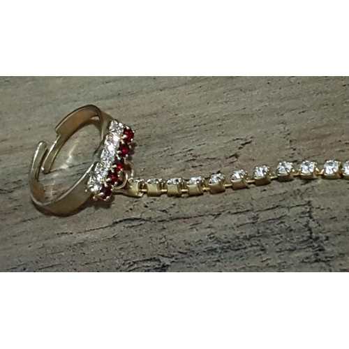 259 - 2 x Gold Tone Traditional Oriental Rings with Hand Harness Bracelet Decorated with Red and Clear Cry... 