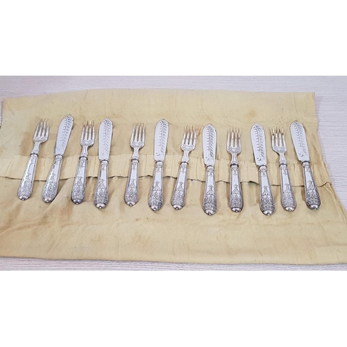 377 - Vintage Highly Ornate Silver Plated Fish Cutlery with Holder; 6 x Knives and 6 x Forks, (a/f)