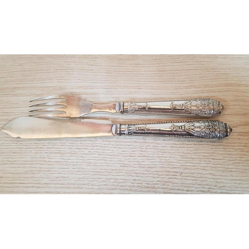 377 - Vintage Highly Ornate Silver Plated Fish Cutlery with Holder; 6 x Knives and 6 x Forks, (a/f)