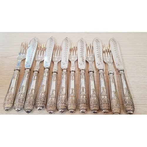 377 - Vintage Highly Ornate Silver Plated Fish Cutlery with Holder; 6 x Knives and 6 x Forks, (a/f)