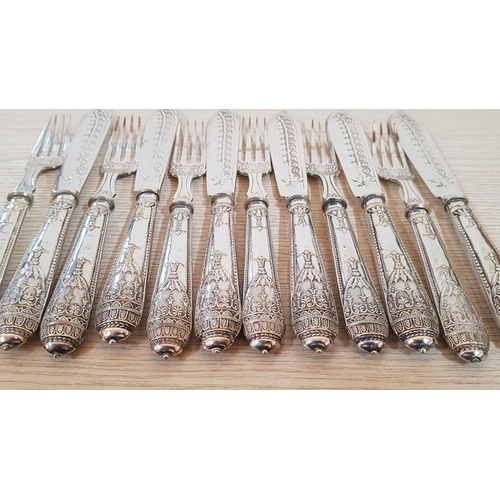 377 - Vintage Highly Ornate Silver Plated Fish Cutlery with Holder; 6 x Knives and 6 x Forks, (a/f)