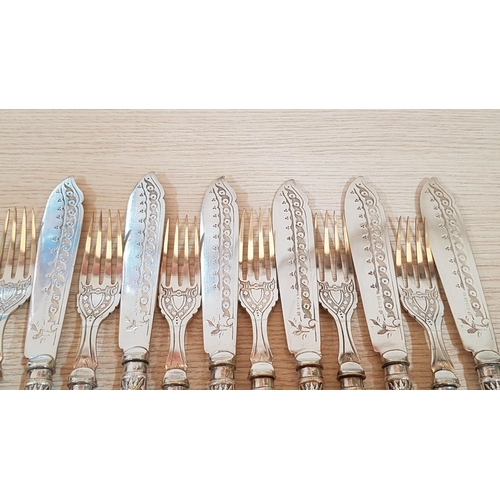 377 - Vintage Highly Ornate Silver Plated Fish Cutlery with Holder; 6 x Knives and 6 x Forks, (a/f)