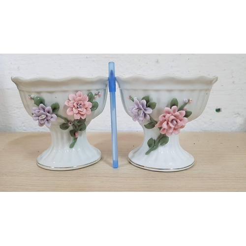 385 - Retro Pair of Porcelain Flower Pedestal Pots / Holders, Decorated with 3d Flowers and Gold Rim, (App... 