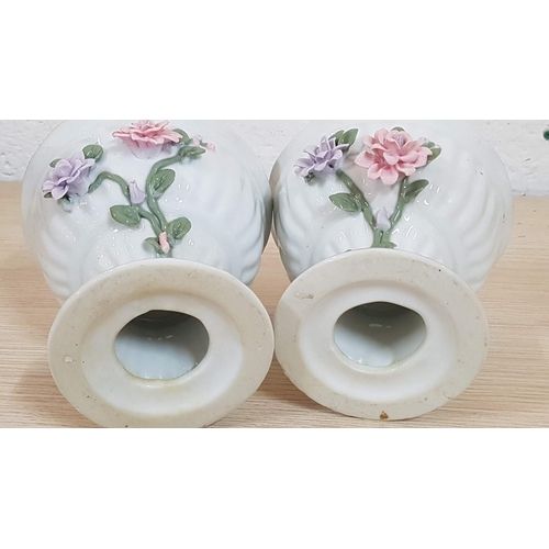 385 - Retro Pair of Porcelain Flower Pedestal Pots / Holders, Decorated with 3d Flowers and Gold Rim, (App... 