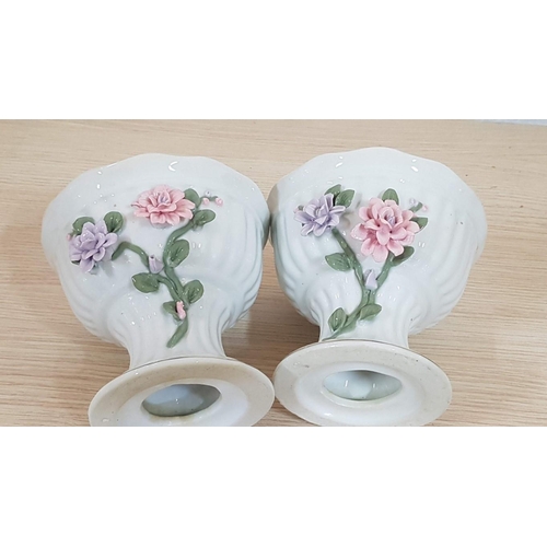 385 - Retro Pair of Porcelain Flower Pedestal Pots / Holders, Decorated with 3d Flowers and Gold Rim, (App... 