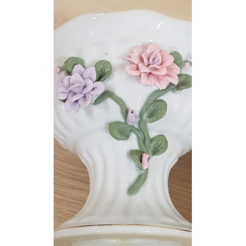 385 - Retro Pair of Porcelain Flower Pedestal Pots / Holders, Decorated with 3d Flowers and Gold Rim, (App... 