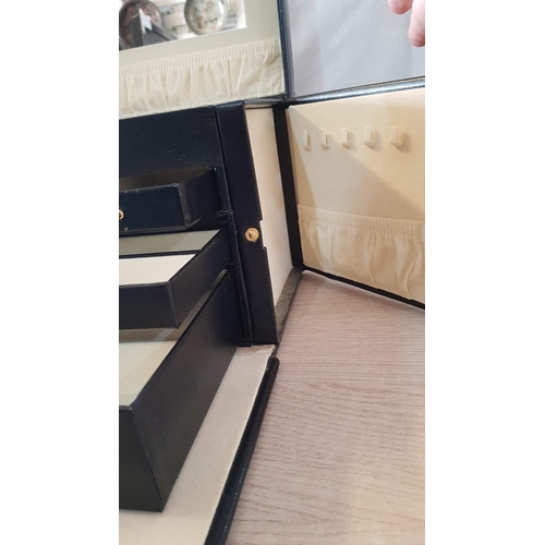 52 - Large black jewellery box with small travel box inside and mirror, incorporating multiple jewellery ... 