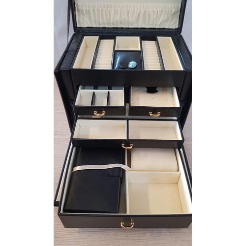 52 - Large black jewellery box with small travel box inside and mirror, incorporating multiple jewellery ... 