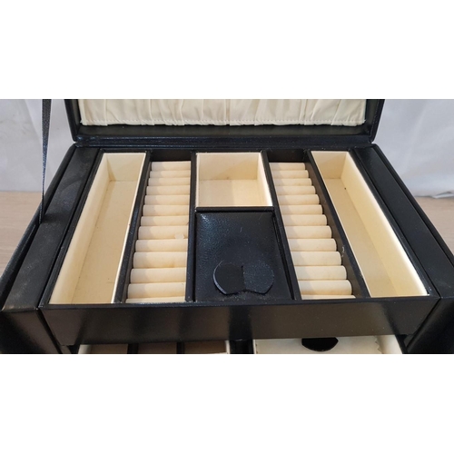 52 - Large black jewellery box with small travel box inside and mirror, incorporating multiple jewellery ... 