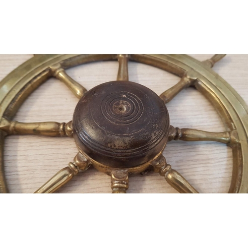 60 - Wall mounted brass & wood ‘Ship’s Wheel’ decoration – 26cm diameter