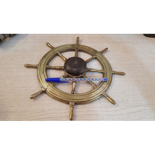 60 - Wall mounted brass & wood ‘Ship’s Wheel’ decoration – 26cm diameter