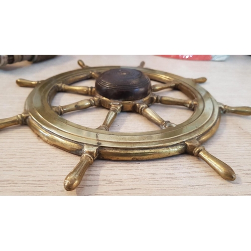 60 - Wall mounted brass & wood ‘Ship’s Wheel’ decoration – 26cm diameter