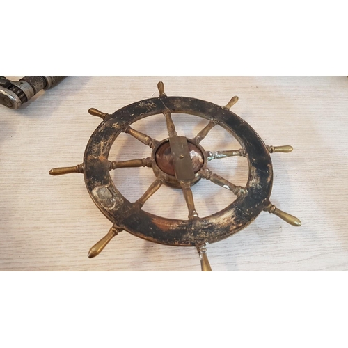 60 - Wall mounted brass & wood ‘Ship’s Wheel’ decoration – 26cm diameter