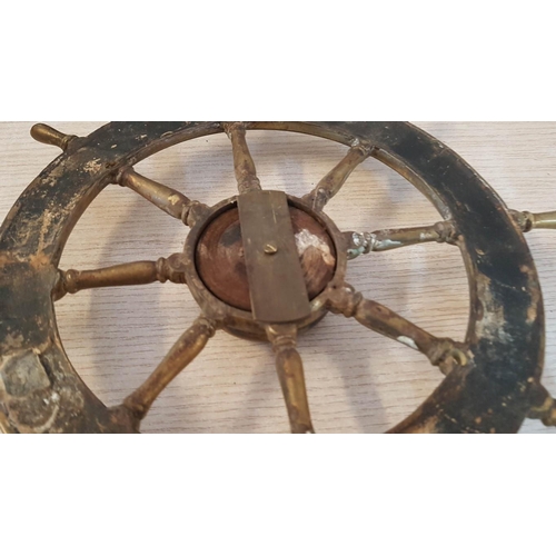 60 - Wall mounted brass & wood ‘Ship’s Wheel’ decoration – 26cm diameter