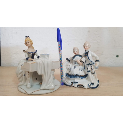 65 - Blue & White Continental Porcelain Courting Couple Figurine, (Approx. 11.5 x 10cm) and Lady Playing ... 