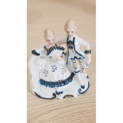 65 - Blue & White Continental Porcelain Courting Couple Figurine, (Approx. 11.5 x 10cm) and Lady Playing ... 