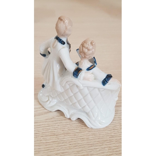 65 - Blue & White Continental Porcelain Courting Couple Figurine, (Approx. 11.5 x 10cm) and Lady Playing ... 