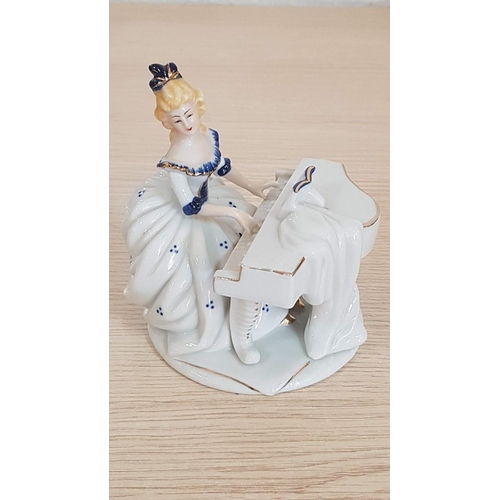 65 - Blue & White Continental Porcelain Courting Couple Figurine, (Approx. 11.5 x 10cm) and Lady Playing ... 