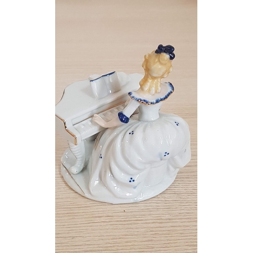 65 - Blue & White Continental Porcelain Courting Couple Figurine, (Approx. 11.5 x 10cm) and Lady Playing ... 