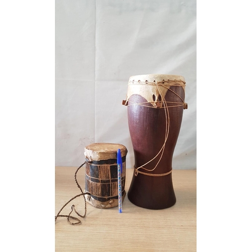 66 - African animal skin on wood bongo drum – 33cm high x 14 diameter and vintage double ended hand drum ... 