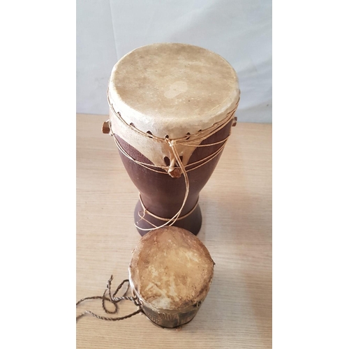 66 - African animal skin on wood bongo drum – 33cm high x 14 diameter and vintage double ended hand drum ... 