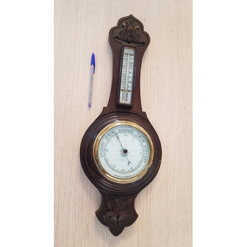 73 - Wall hanging aneroid barometer with beveled glass and thermometer – 59cm x 20 overall