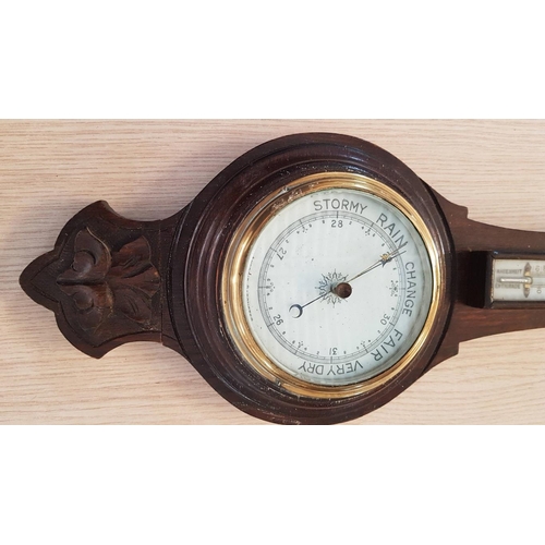 73 - Wall hanging aneroid barometer with beveled glass and thermometer – 59cm x 20 overall