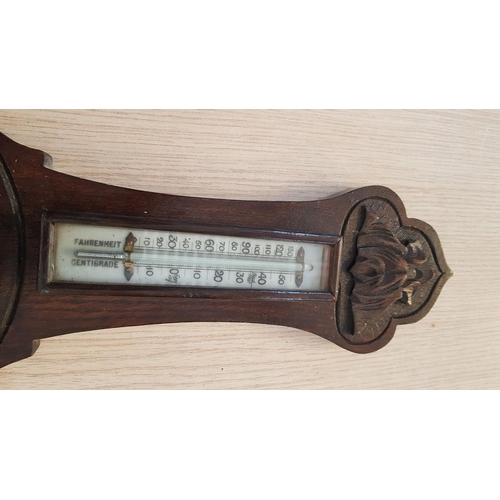 73 - Wall hanging aneroid barometer with beveled glass and thermometer – 59cm x 20 overall