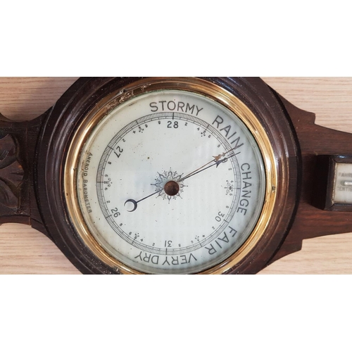 73 - Wall hanging aneroid barometer with beveled glass and thermometer – 59cm x 20 overall