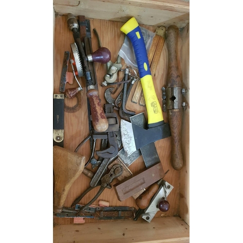 13 - Wooden box of tools – 60cm x 14 x 15.  Allen keys, 19th century auger handle, 2 set squares, hatchet... 