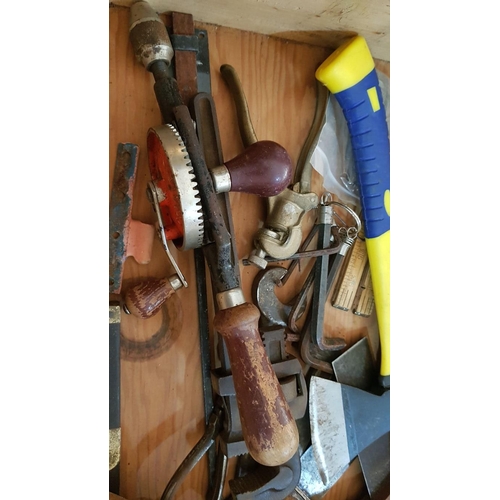 13 - Wooden box of tools – 60cm x 14 x 15.  Allen keys, 19th century auger handle, 2 set squares, hatchet... 