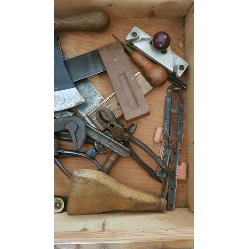 13 - Wooden box of tools – 60cm x 14 x 15.  Allen keys, 19th century auger handle, 2 set squares, hatchet... 