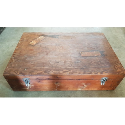 13 - Wooden box of tools – 60cm x 14 x 15.  Allen keys, 19th century auger handle, 2 set squares, hatchet... 