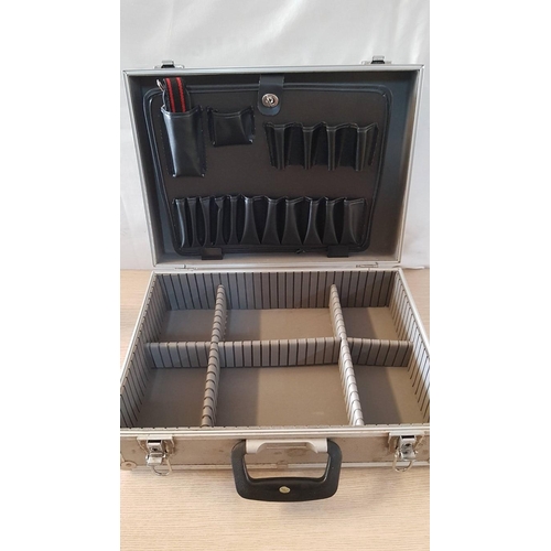 59 - Silver flight case, padded and divided into many compartments, with shoulder carrying strap – 46cm x... 