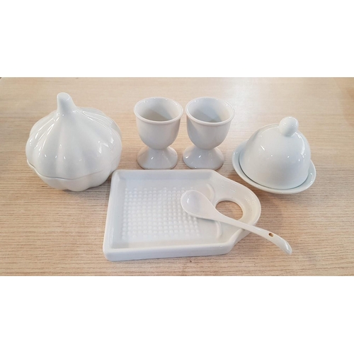 79 - Selection of white porcelain breakfast ware – 2 jugs, 2 butter dishes, pickle pot, 2 creamers, prese... 