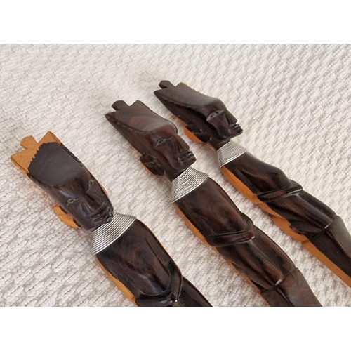 292 - Set of 3 x African Carved Wood Utensils; Salad Servers and Letter Opener with Figure Handle and Wire... 