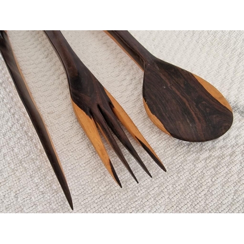 292 - Set of 3 x African Carved Wood Utensils; Salad Servers and Letter Opener with Figure Handle and Wire... 