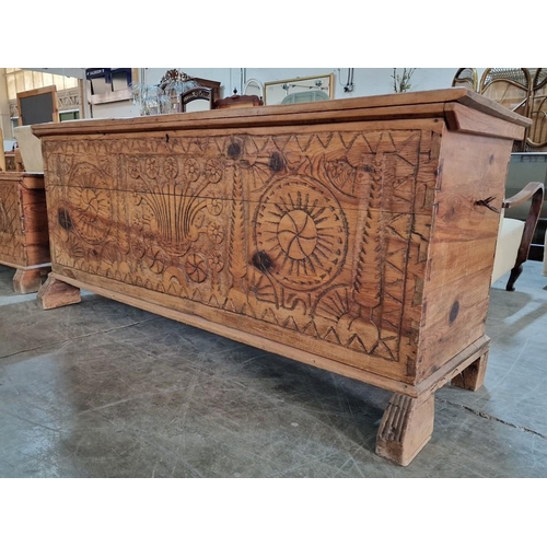 633 - Antique Cypriot Carved Bridal / Dowry Chest, with Decorative Front, Metal Carrying Handles, Hinged L... 