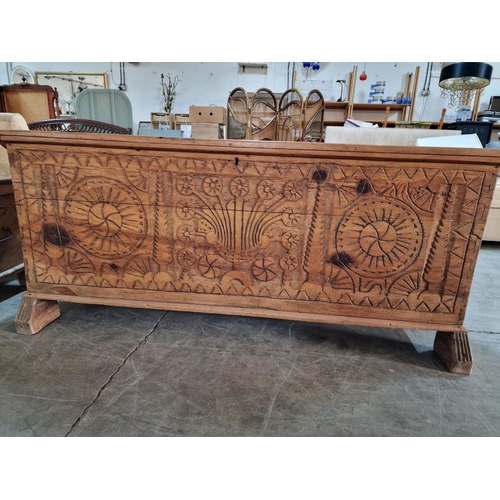 633 - Antique Cypriot Carved Bridal / Dowry Chest, with Decorative Front, Metal Carrying Handles, Hinged L... 