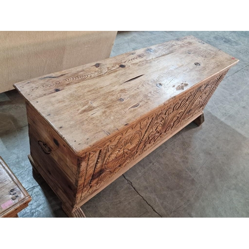 633 - Antique Cypriot Carved Bridal / Dowry Chest, with Decorative Front, Metal Carrying Handles, Hinged L... 