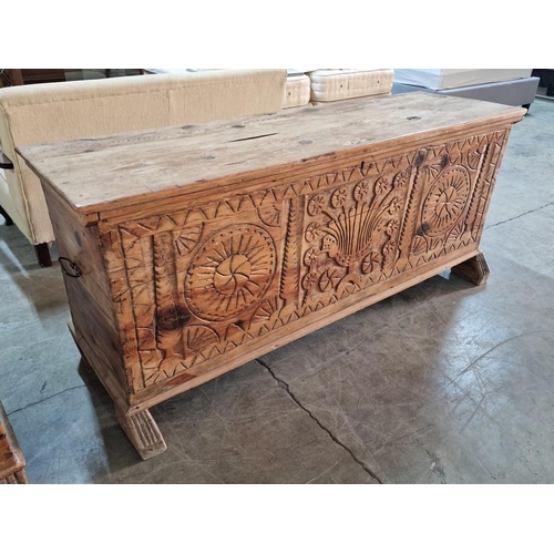 633 - Antique Cypriot Carved Bridal / Dowry Chest, with Decorative Front, Metal Carrying Handles, Hinged L... 