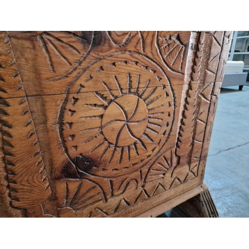 633 - Antique Cypriot Carved Bridal / Dowry Chest, with Decorative Front, Metal Carrying Handles, Hinged L... 