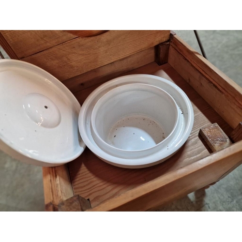 635 - Antique Commode Cabinet / Chamber Pot, with Hinged Top, Lidded Porcelain Bowl and Turned Legs, (Appr... 