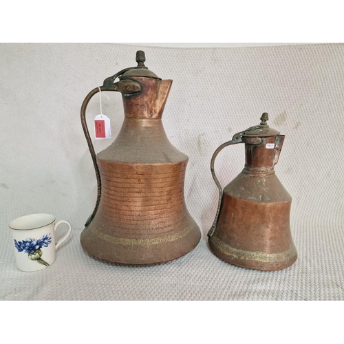 627 - 2 x Antique Copper Jugs / Kettles, Very Similar Shape & Design, Larger & Smaller with Curved Handles... 